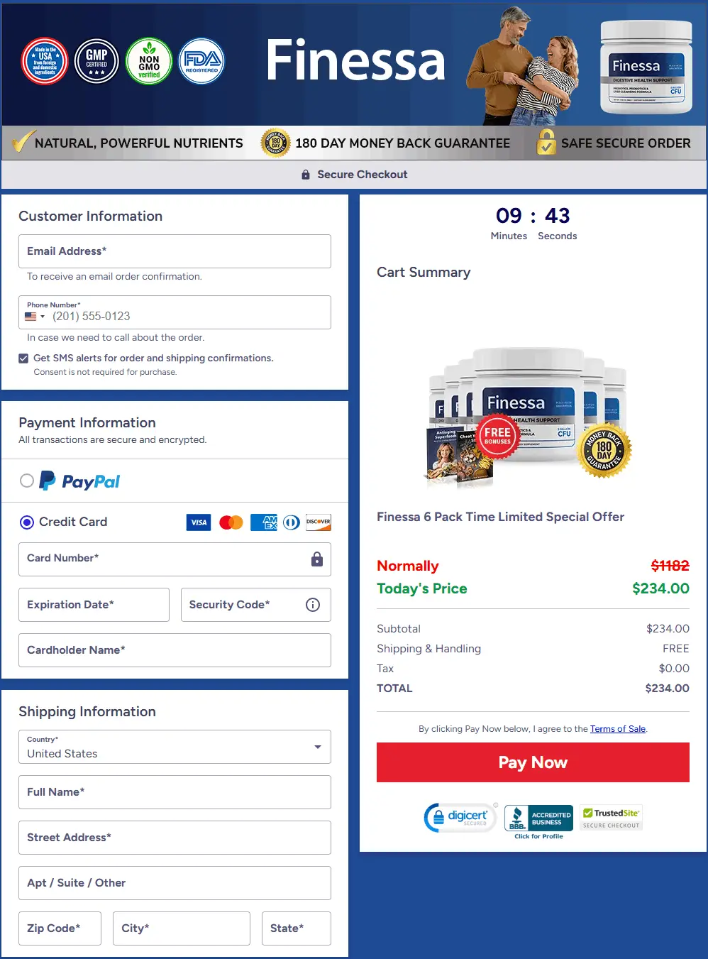 Secure Finessa checkout page for placing your order